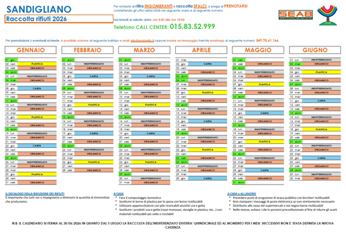 calendario raccolta rifiuti fino al mese di giugno 2026