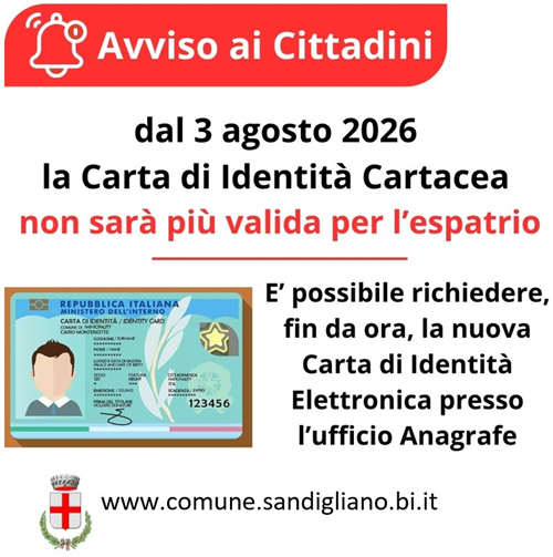 La carta d’identità rilasciata su modello cartaceo, cesserà di essere valida per l’espatrio dal 03 agosto 2026